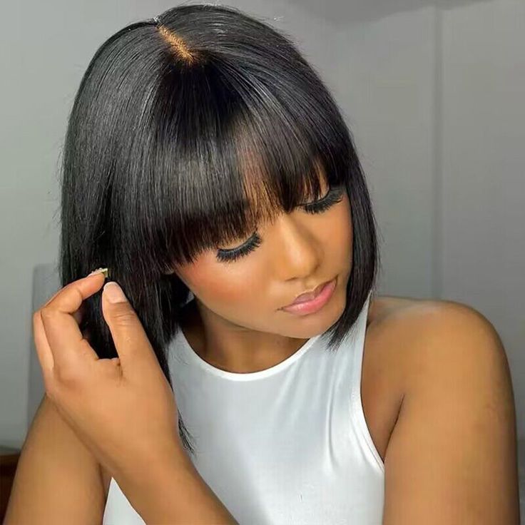 Glueless Lace Bob Wigs With Bangs Natural Black Straight Human Hair Easy-Wear 3x2  Lace wigs