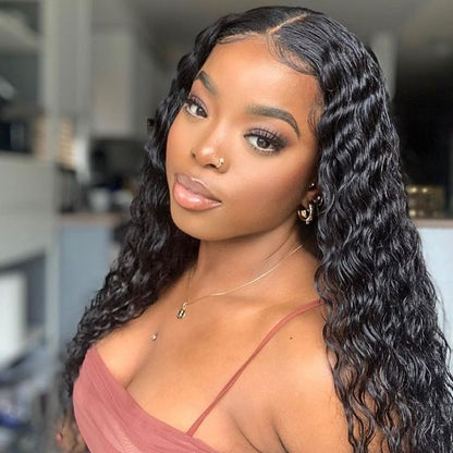 30&quot; 5x5 Glueless Lace Deep Wave Wig Natural Black Human Hair Wigs