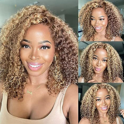 14&quot; 13x4 Lace Frontal Honey Blonde Piano Highlights Color Deep Wave Bob Style Human Hair Wig