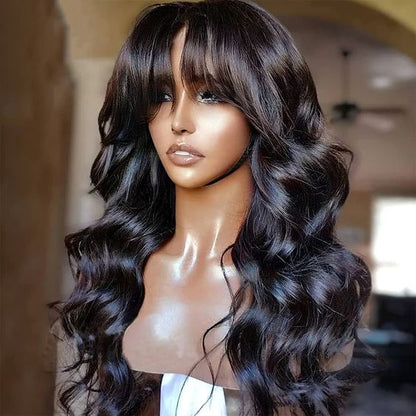 Body Wave With Bangs Natural Black Non-Lace Machine Made Protective Style Human Hair Wigs