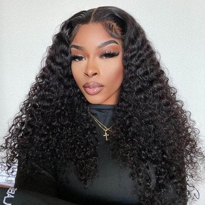 20&quot; 5x5 Glueless Lace Deep Wave Wig Natural Black Human Hair Wigs