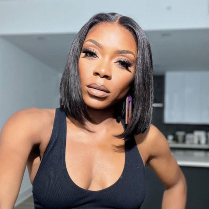 Straight Bob Natural Black 6X6 T Part Lace Front Double Drawn Human Hair Wig