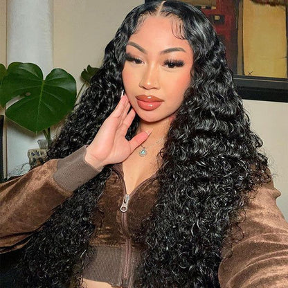 30&quot; 5x5 Glueless Lace Deep Wave Wig Natural Black Human Hair Wigs