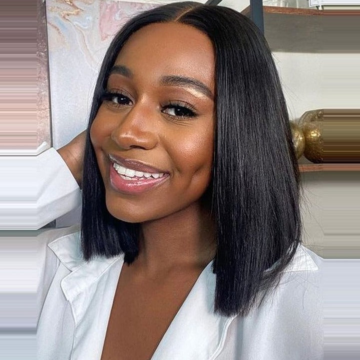 Straight Bob Natural Black 6X6 T Part Lace Front Double Drawn Human Hair Wig