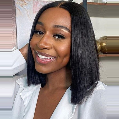 Straight Bob Natural Black 6X6 T Part Lace Front Double Drawn Human Hair Wig