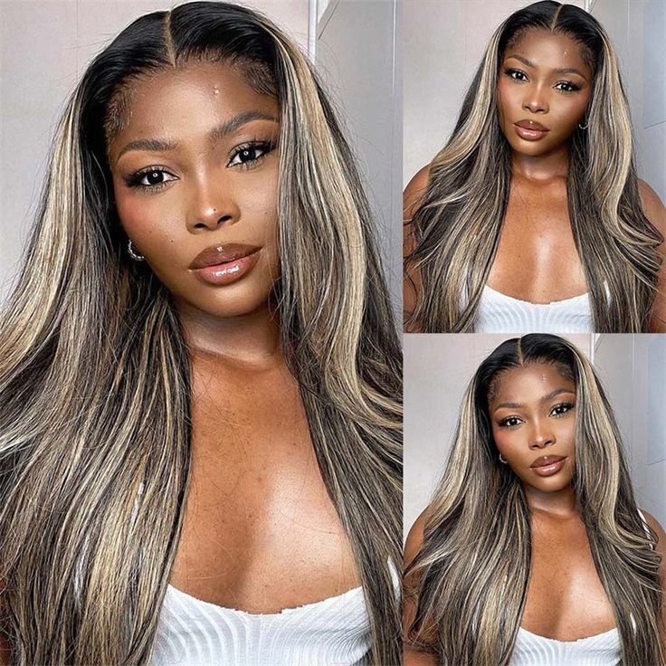 30&quot; Glueless 6x5 Lace Balayage Highlight Colored Wigs Straight Human Hair Wigs Beginner Friendly