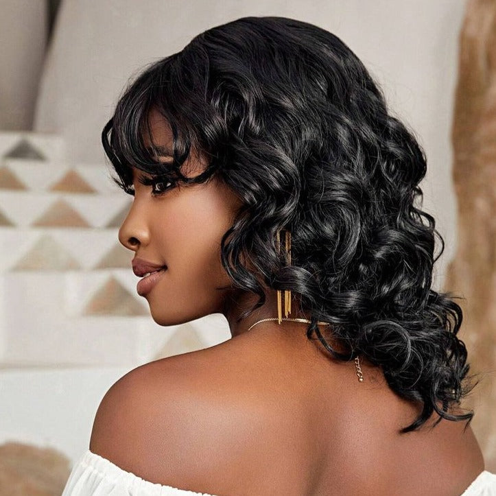 Loose Wavy Style Bob Wig with Bangs - Glueless, Non-Lace, Machine Made for Women, Natural Black Protective Style Human Hair Wigs