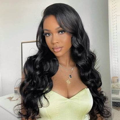 Body Wave Natural Black Body Wave Glueless 6x5 Pre-Cut Lace Front Wig C-part Human Hair Wig C-part