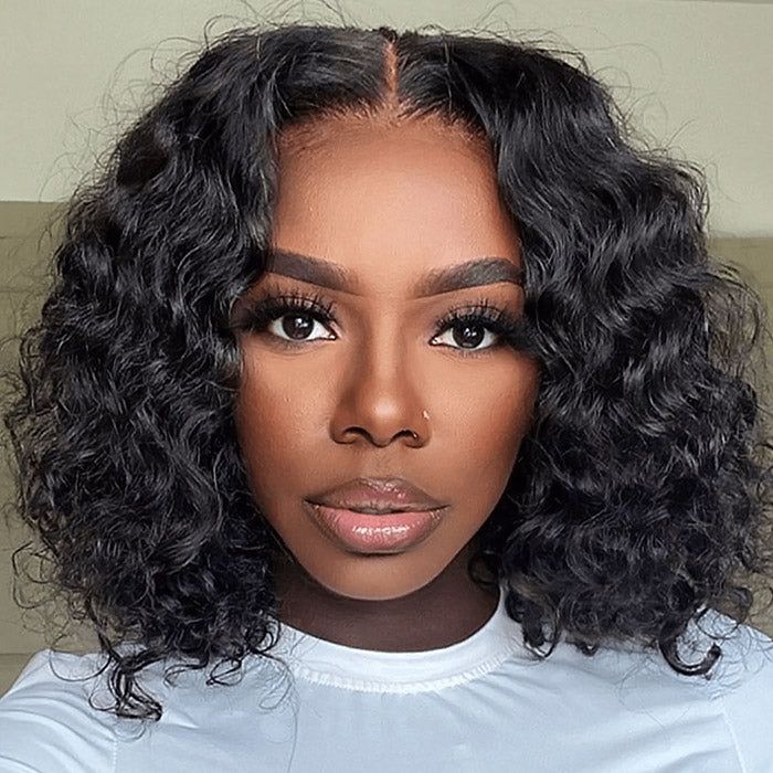 14&quot; Curly Bob Natural Black T Part Lace Human Hair Wigs