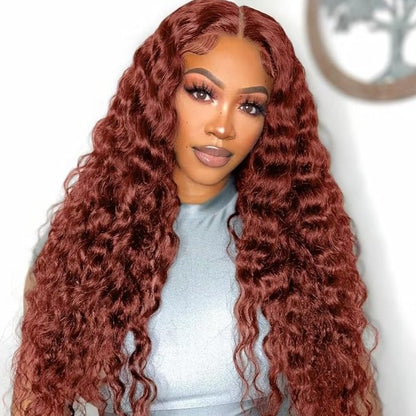 13x4 Lace Water Wave Curly Auburn ReddishBrown Color Wig Copper 