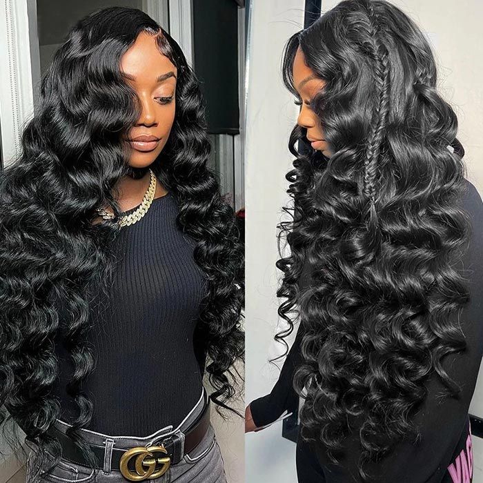 HD Lace Double Drawn Loose Wave 13x4 Lace Frontal Natural Black Human Hair Wig Free Part