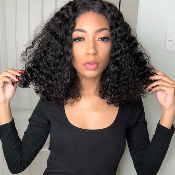 14&quot; 13x6 Lace Front Jerry Curly Bob Wig Natural Black Human Hair Wig Free Part