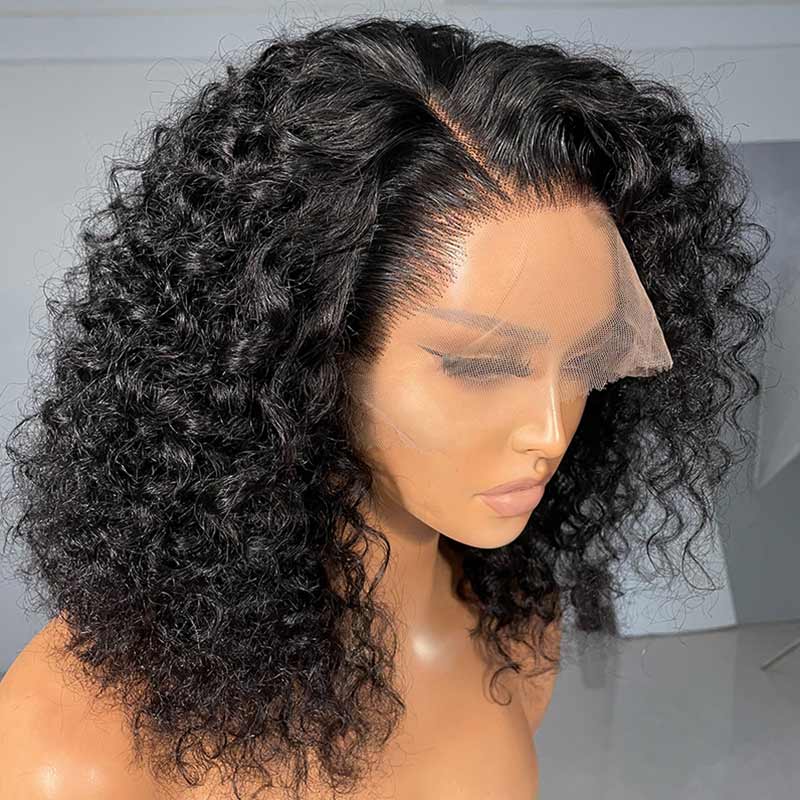Glueless 13x4 Lace Front Jerry Curly Bob Wig-Natural Black Easy-Wear Human Hair Wig
