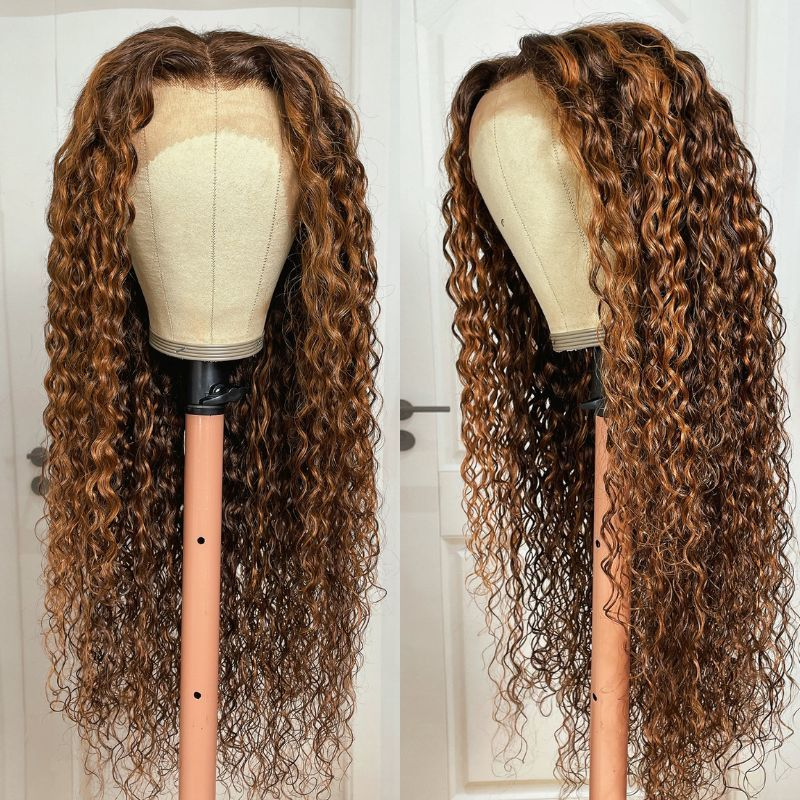 26&quot; 13x4 Lace Front Water Wave Piano Highlight Colored High Density Human Hair Wig Free Part