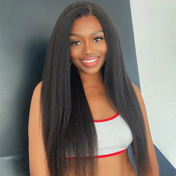 Pre-Cut 13x4 Glueless Lace Front Yaki Straight Wear&amp;Go Upgrade HD Lace Natural Black Human Hair Wig Beginner-Friendly