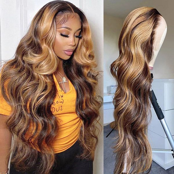 [clearance] 30&quot;-32&quot;Long Length 13x4 Lace Front Body Wave Piano Highlight Colored Human Hair Wig Free Part