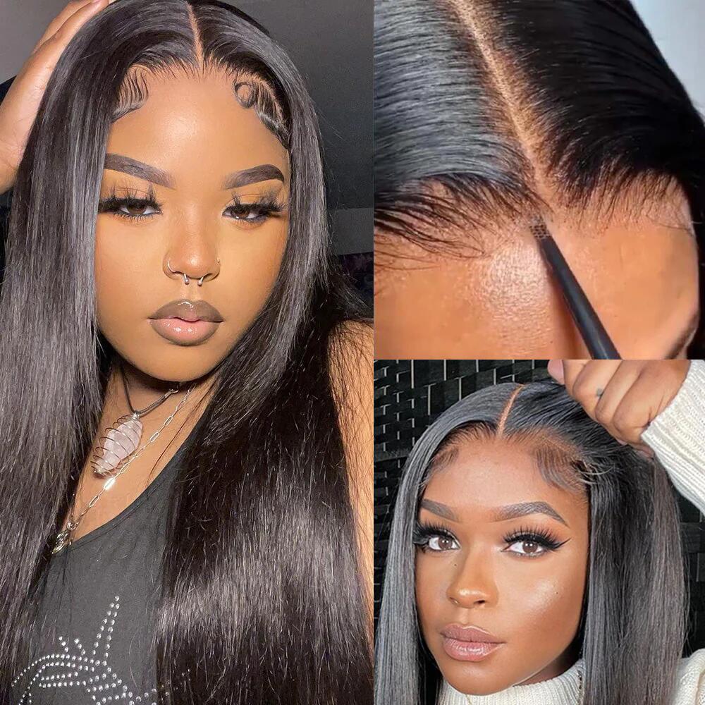 26&quot; 13x4 Lace Frontal Wigs Straight Pre-Bleached Knots Natural Black Human Hair Wigs Free Part