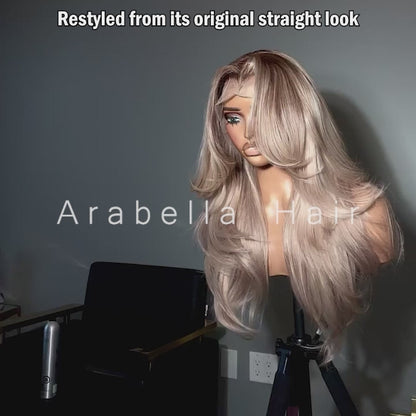Ash Blonde with Dark Roots Ombre Color Blowout In Wavy 13x4 Lace Front Human Hair Wig Free Part