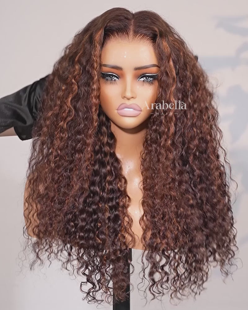 Arabella 13x6 Three-Go™ Glueless Wig Dark Brown Highlights Burmese Curly With Drawstring