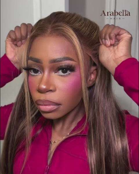 Arabella 13x6 Three-Go™ Glueless Wig Silky Straight With Drawstring Honey Blonde Highlight on Brown Wig 100% Human Hair Wig Tiktok Recommend