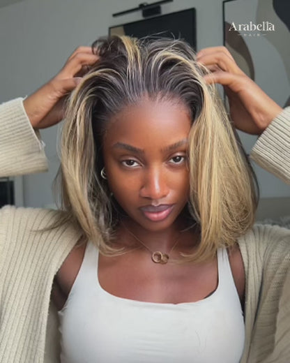 Arabella 13x6 Three-Go™ 280% High Density Glueless Old Money Bob Loose Body Wave Bob Wig Pre-cut Lace Ombre Platinum Blonde Balayage Highlights