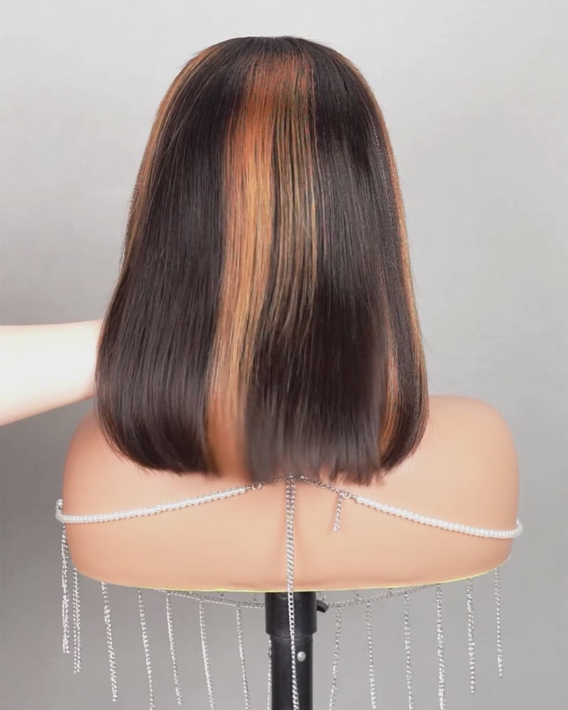 Arabella 6x5/6x6/13x4 Lace Glueless Auburn Highlights on Black Hair Straight Bob Wig Pre-cut Lace Beginner Friendly