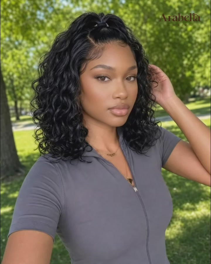 13x5 lace glueless bohemian curl bob wig natural black showing a natural look in different lighting and scenes