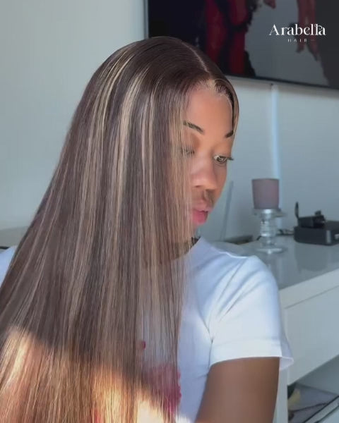 【Subscriber Deal】Arabella 13x6 Three-Go™ Glueless Wig Silky Straight With Drawstring Honey Blonde Highlight on Brown Wig 100% Human Hair Wig
