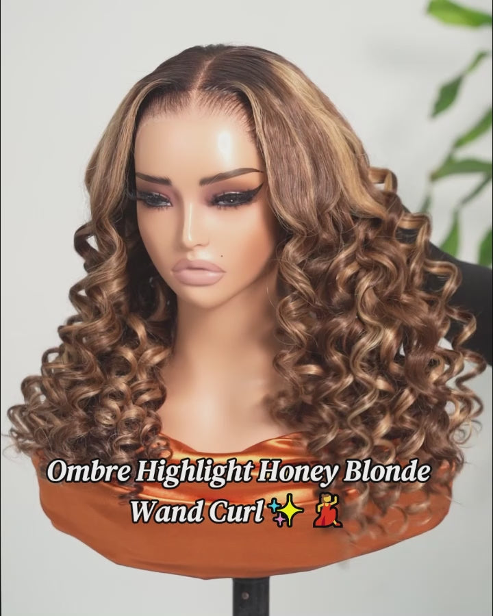 【VIP Offer】Arabella 13x6 Three-Go™ Ombre Highlight Honey Blonde Glueless Wig Wand Curl With Drawstring 100% Human Hair Wig
