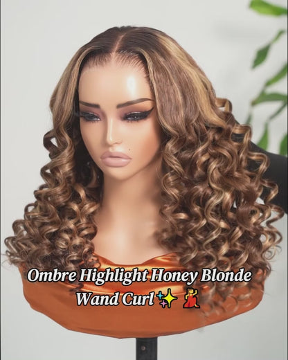 【VIP Offer】Arabella 13x6 Three-Go™ Ombre Highlight Honey Blonde Glueless Wig Wand Curl With Drawstring 100% Human Hair Wig