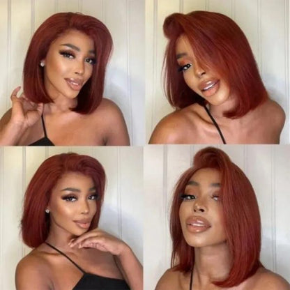 6x5 Pre-Cut Lace Glueless Reddish Brown Color Bob Style Straight Highlight Colored Human Hair Wig