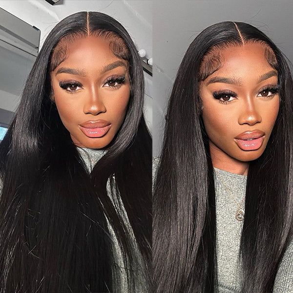 18&quot; 13x4 Lace Front Free Part Straight Glueless Natural Black Human Hair Wig