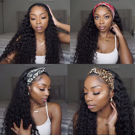 22&quot; Glueless Headband Water Wave Full Machine Made No Lace Human Hair Wig