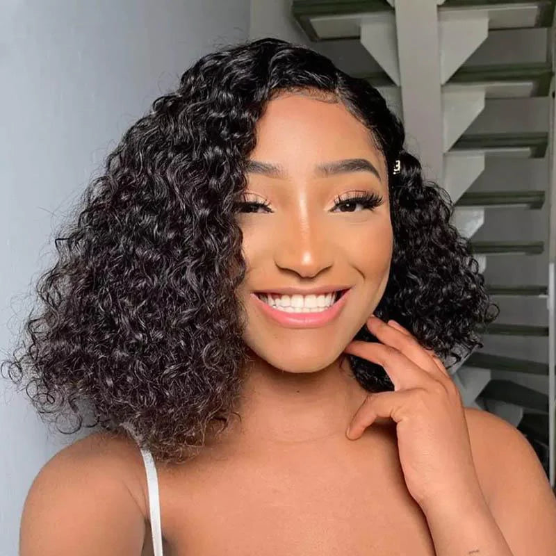 13x4 Lace Frontal Short Bob Style Water Wave Natural Black Human Hair Wig