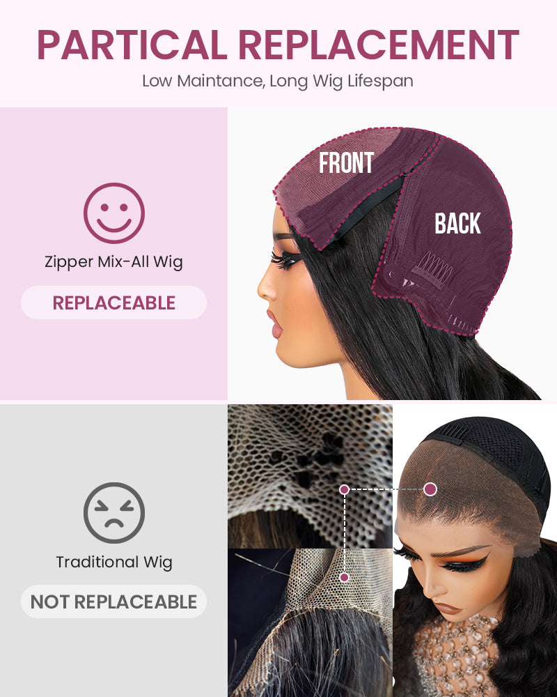 ZIP &amp; Mix-All Wigs | Straight Natural Black Glueless 6x5 Pre-Cut Lace Wig With Optional Replaceable Tops
