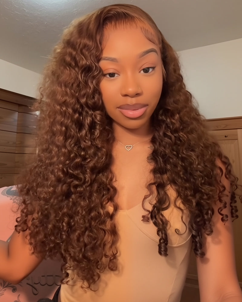 Chestnut Brown Color Water Wave Curly 13x4/6x5 Lace Human Hair Wig Free Parting