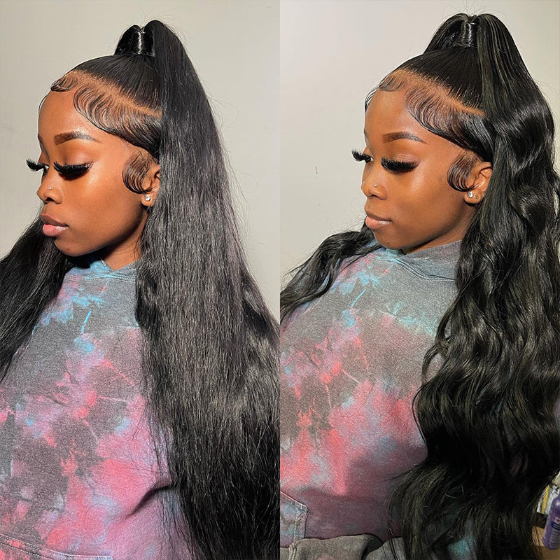 40&quot; Extra Long Length Hair 13x4 Lace Front Wig - Natural Black Straight Hair and Body Wave Human Hair Wigs