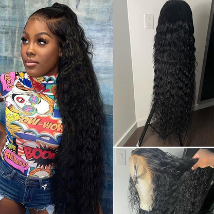 Long Length Curly Wig 40&quot;Human Hair 13x4 Lace Frontal Wig Deep Wave Jerry Curly Water Wave Loose Wave Natural Black