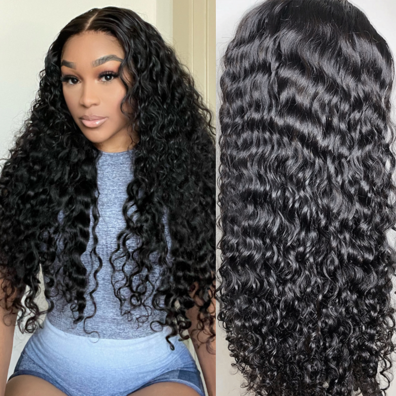 Human hair wig Undetectable Transparent Lace 13x4 Lace Frontal Wig Water Wave 180% Density Human Hair Wigs For Beginners Natual Black Free Part - arabellahair.com
