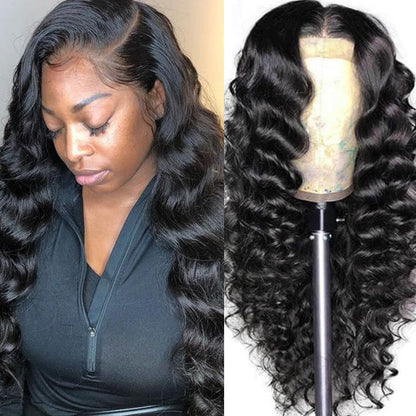 24&quot; Loose Wave Transparent Lace 13*4/4*4  Lace Frontal Wig Human Hair Wig Natural Black - arabellahair.com