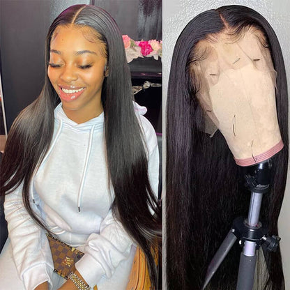 T Part Straight Lace Frontal Wig Hand Tied Human Hair Deep Part 180% High Density Middle Part - arabellahair.com