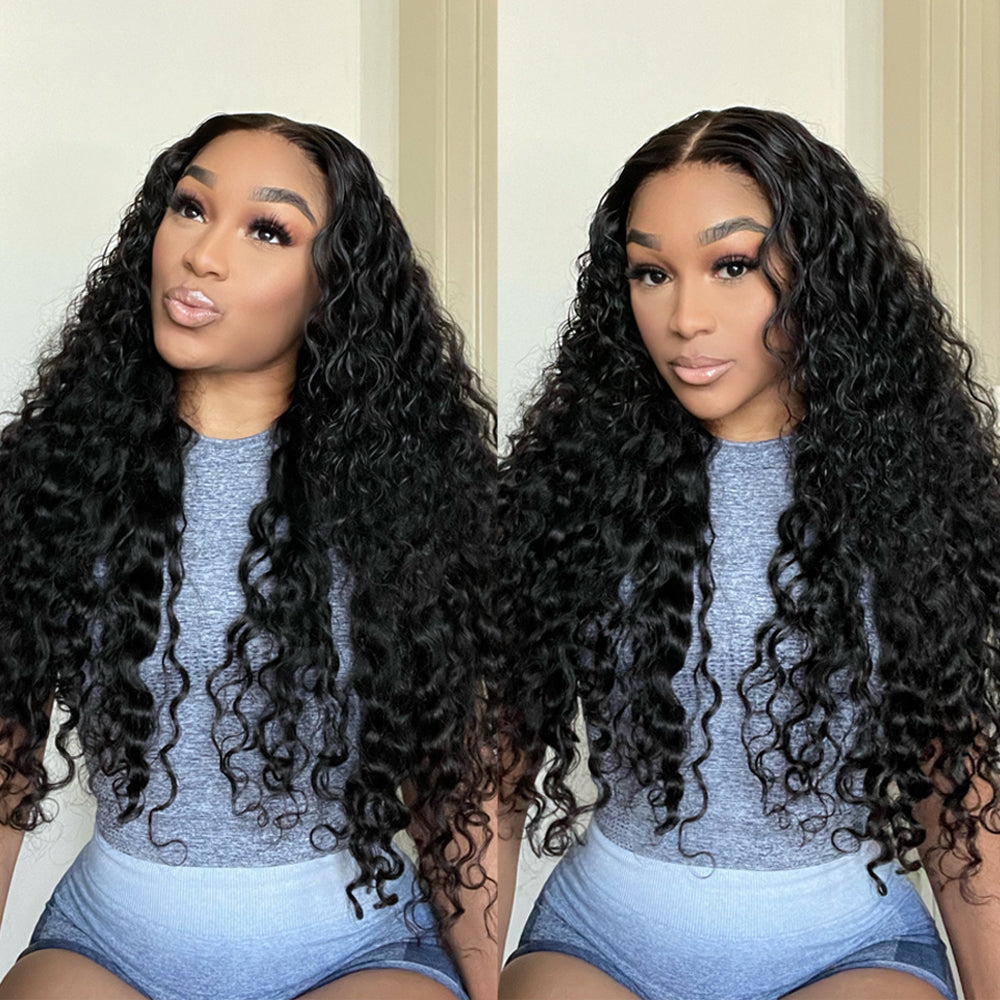 Human hair wig Undetectable Transparent Lace 13x4 Lace Frontal Wig Water Wave 180% Density Human Hair Wigs For Beginners Natual Black Free Part - arabellahair.com