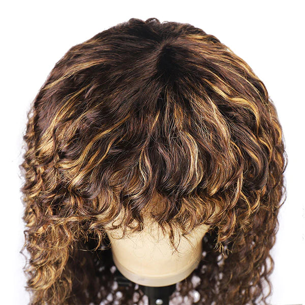 P4/27 Piano Highlights Color Wig With Bangs Deep Wave Curly Non-Lace ...