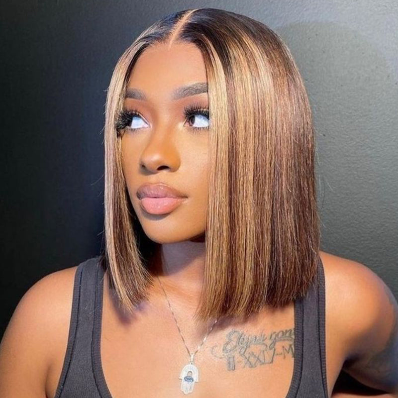 Honey Blonde Highlights Colored Straight Short Bob 13x4 Lace Front Human Hair Wig