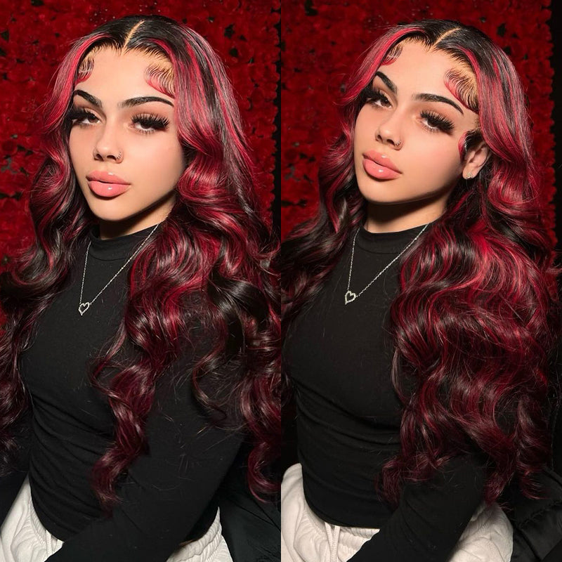 Human hair wig Dark Burgundy With Rose Red Highlights Body Wave HD Lace 13x4 Transparent Lace 180% Density Color Wigs Free Part - arabellahair.com