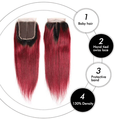 T1B/99J Burgundy Red Color 3 Bundles Straight Hair  With 4*4 Lace Closure - arabellahair.com