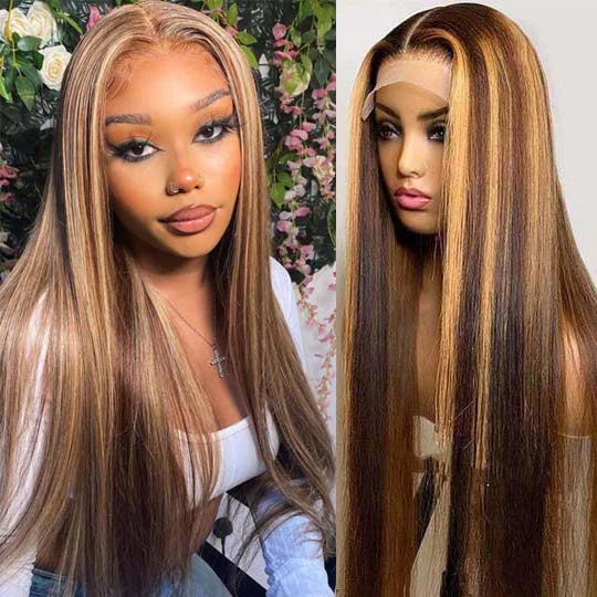 Human hair wig 26&quot; Piano Highlight Colored Wigs 4x4 Lace Closure Glueless Wigs Human Hair Wigs - arabellahair.com