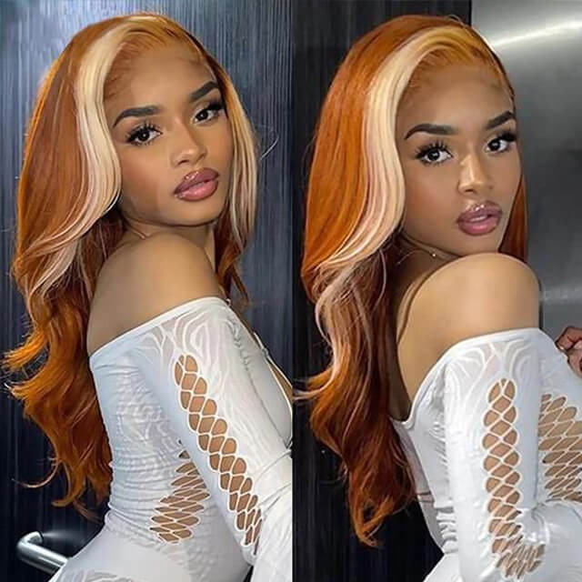 Skunk Stripe Ginger Blonde Ombre Wigs Transparent 13*4 Lace Front Wig Body Wave Lace Frontal Human Hair Wig - arabellahair.com