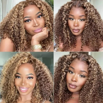 Honey Blonde Piano Highlights Color Wig Deep Wave Curly Style Transparent Lace 4x4 Glueless Wig 180% Density