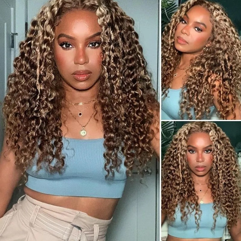 4x4/5x5 Glueless Lace Honey Blonde Piano Highlights Color Deep Wave Curly Human Hair Wig